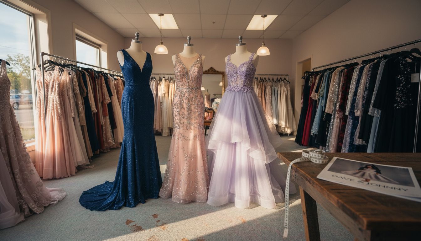 Three mannequins showcasing Dave & Johnny styles