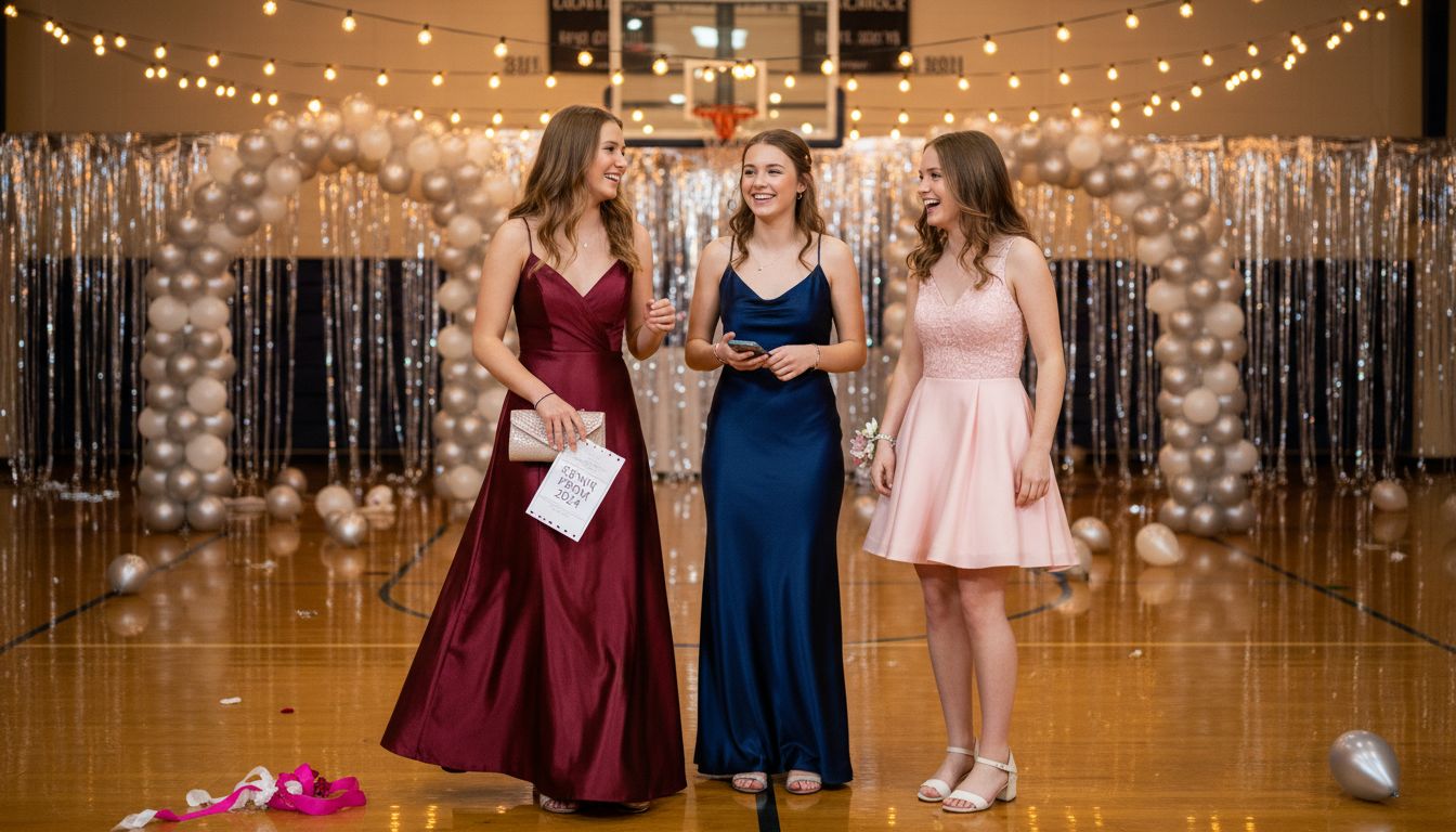 Teens wearing prom cocktail dresses at gym dance