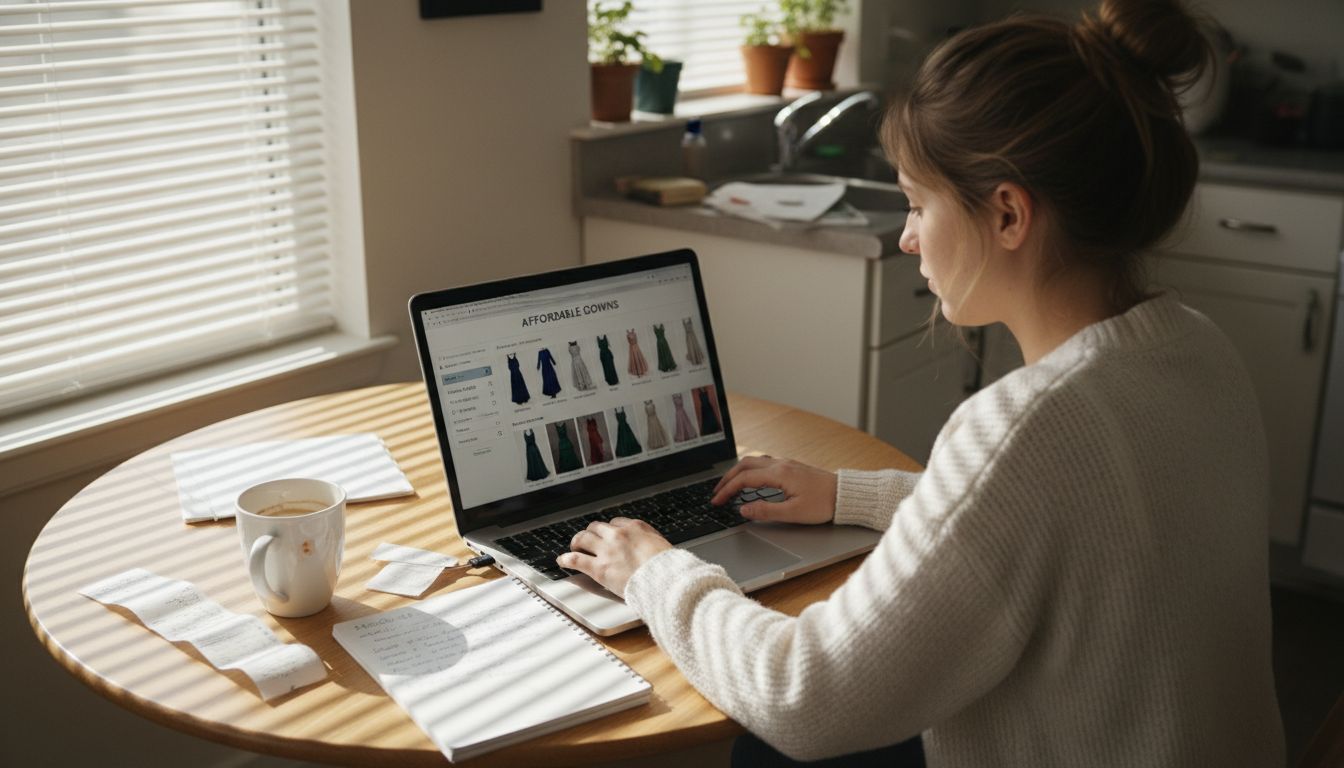 Woman browsing online for cheap gowns