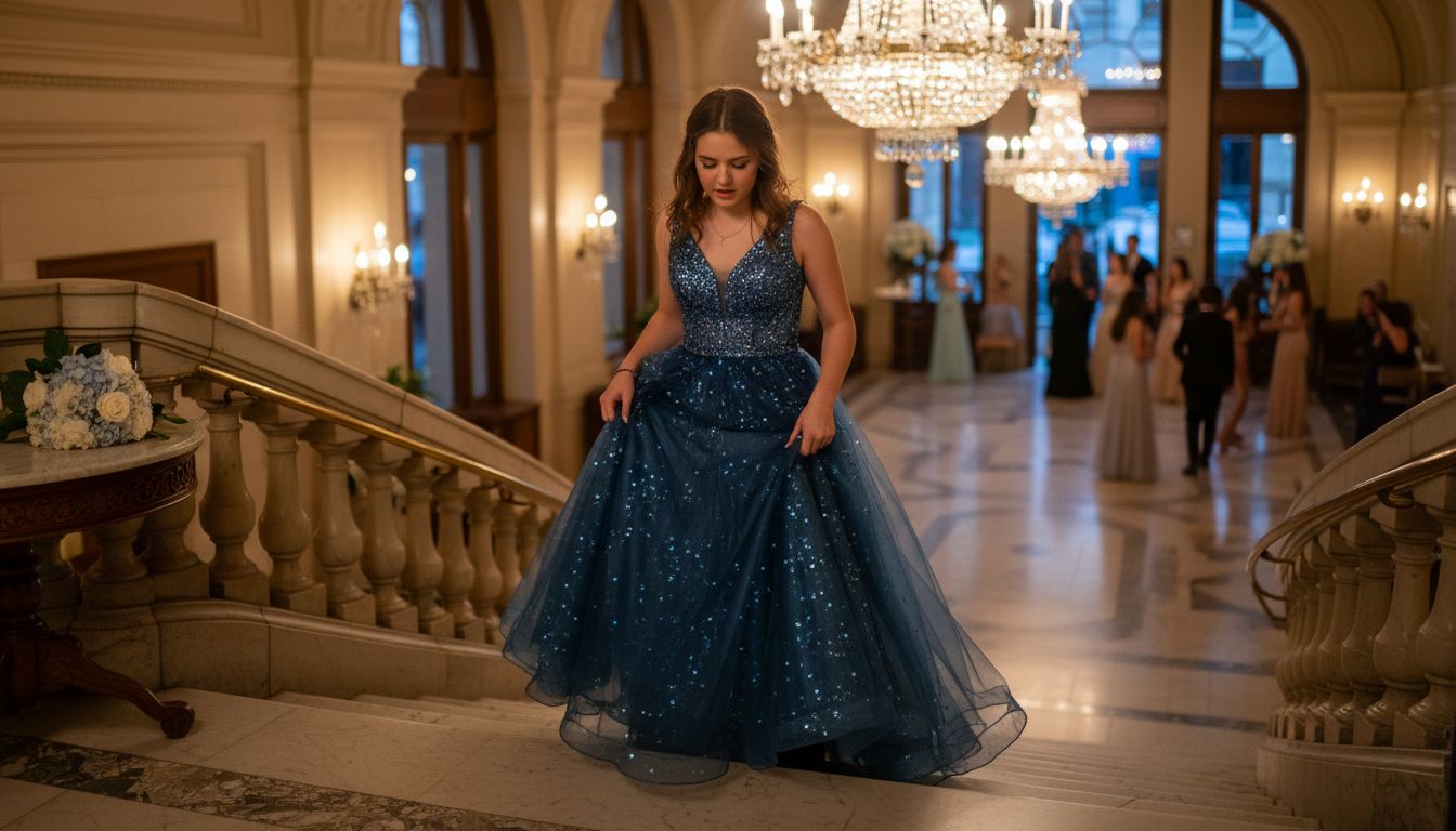Teen in ball gown at hotel staircase
