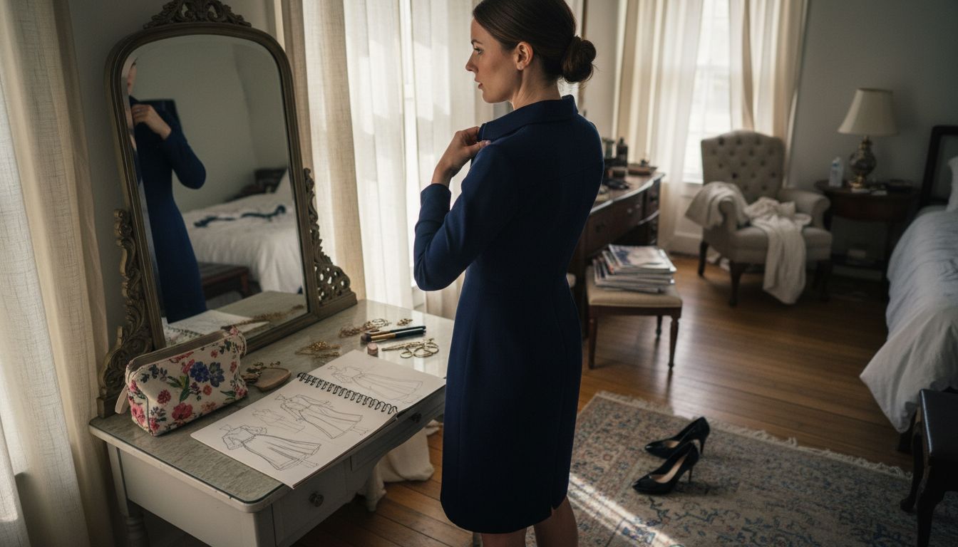 Woman adjusting dress before formal event