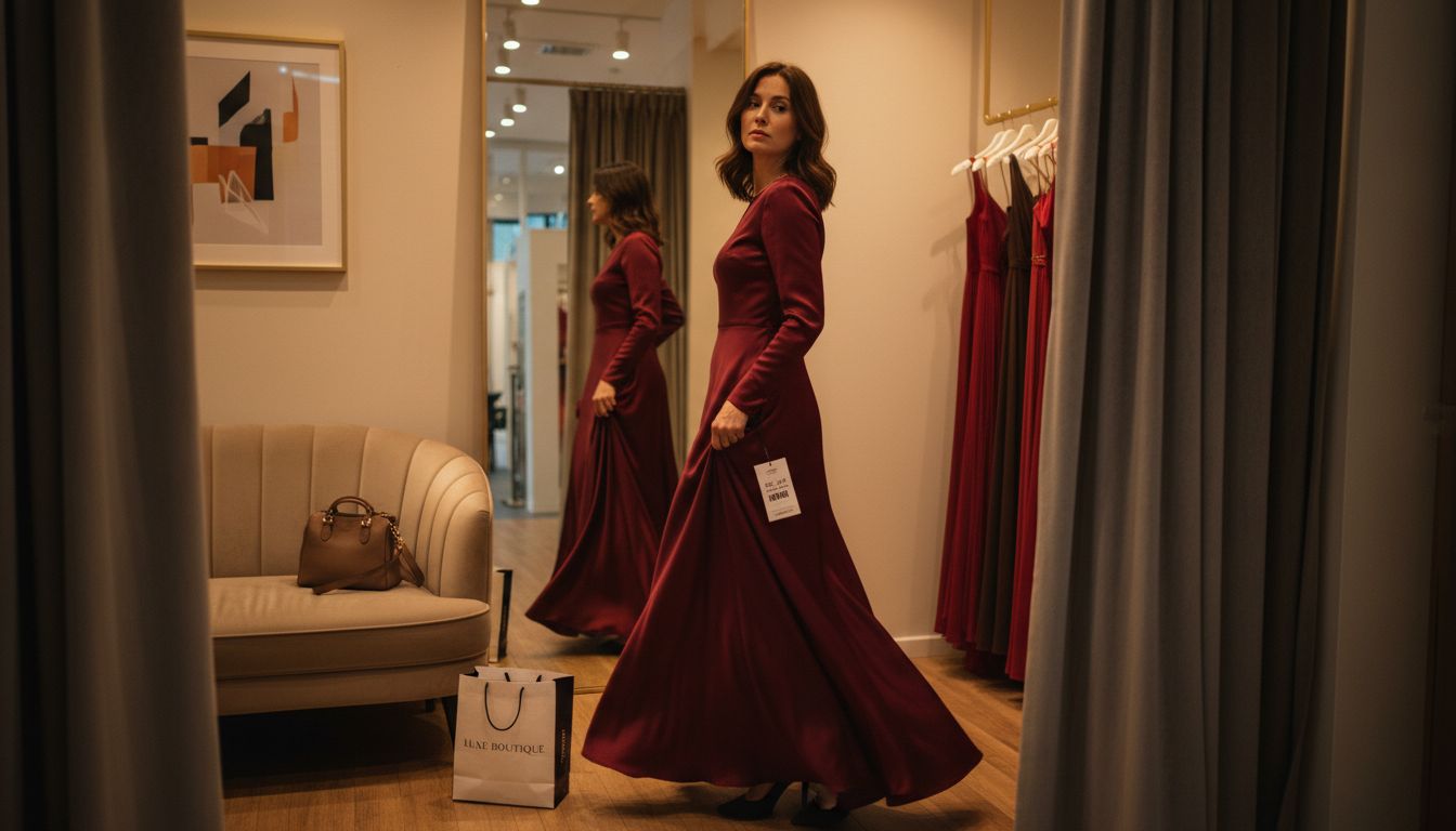 Woman trying on dresses in fitting room