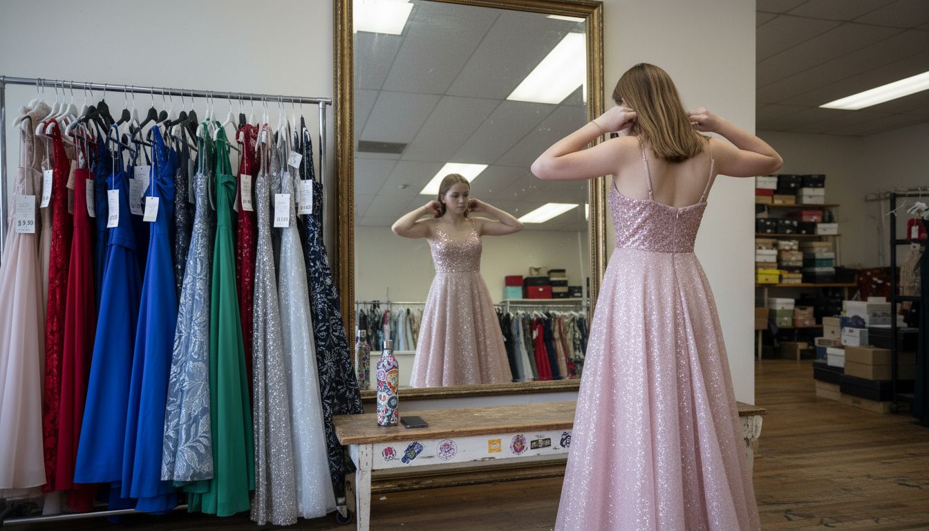 Teen trying affordable prom dress in boutique