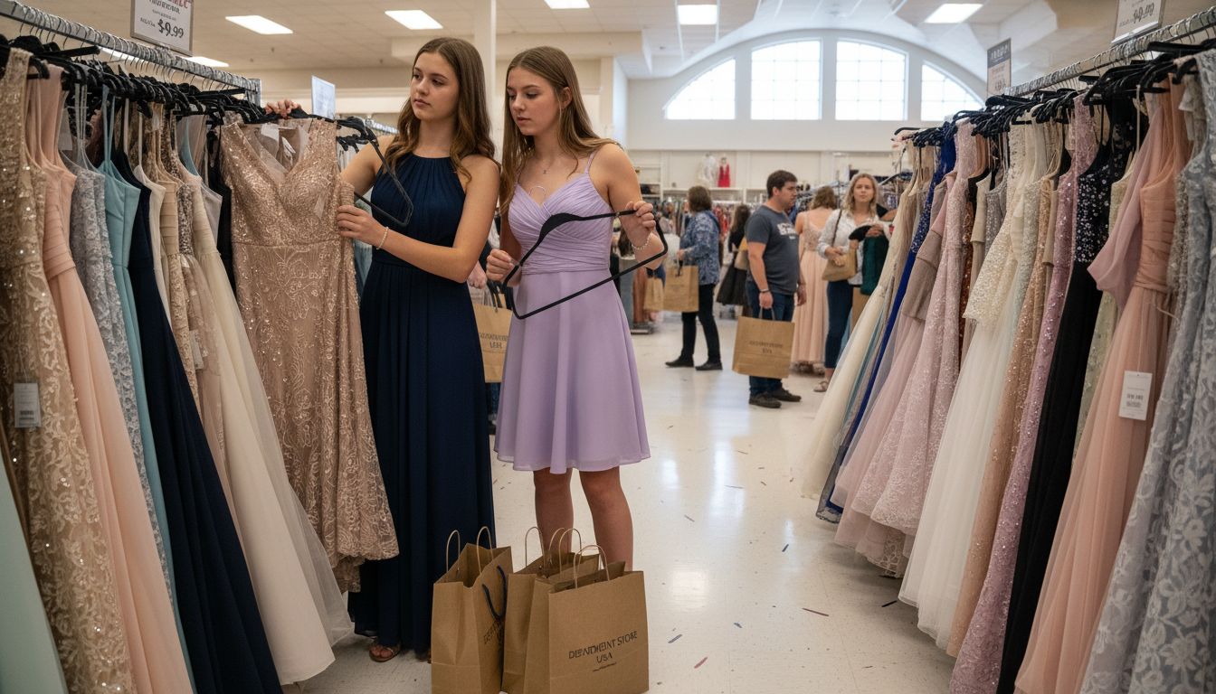Friends browsing affordable prom dresses in store