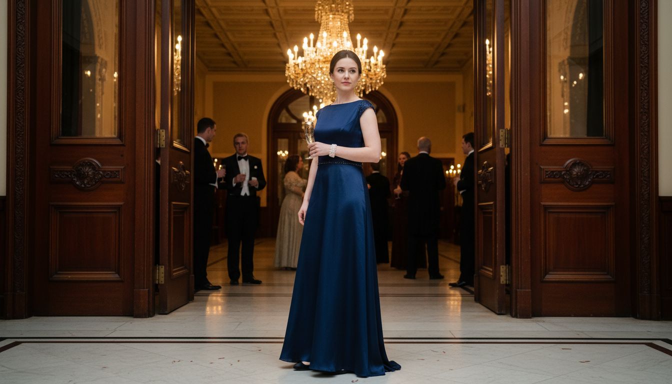 Woman in navy evening gown at elegant wedding entrance