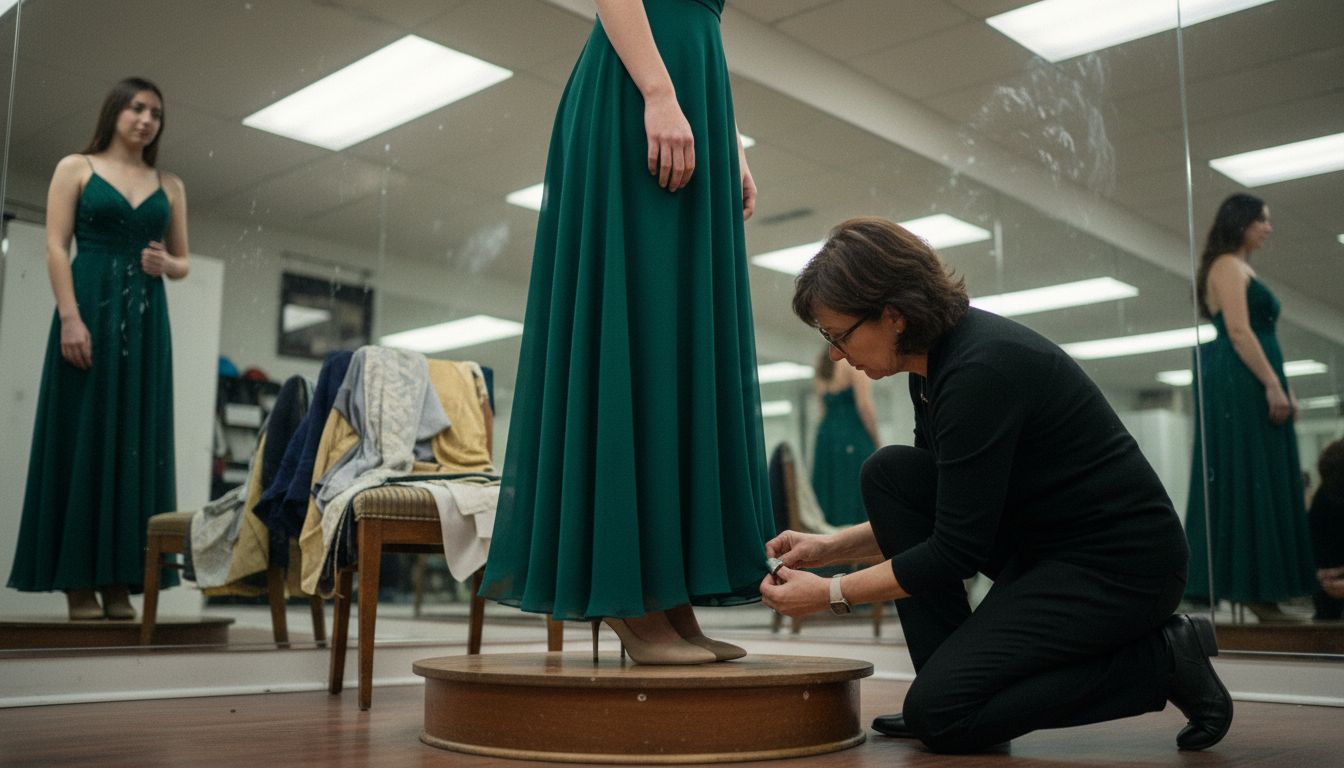 Tailor fitting evening gown in bridal studio
