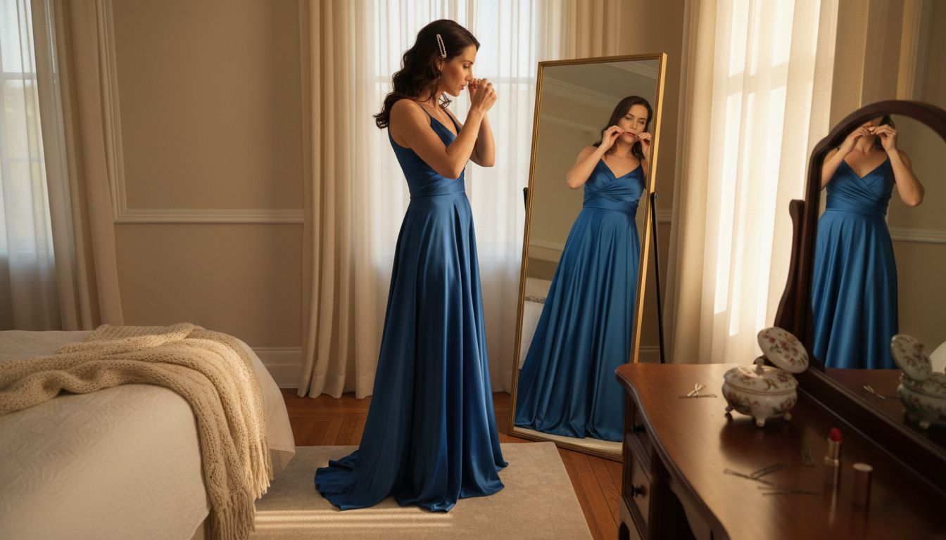 Woman styling pearl barrette for formal event