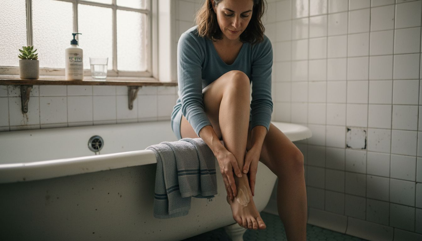 Applying lotion to feet before heels