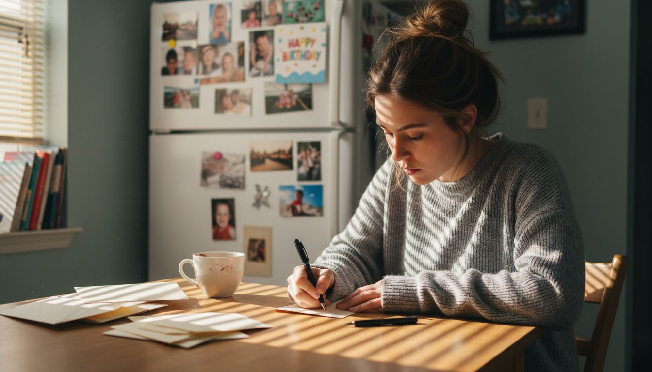 Woman writing thank you notes at kitchen table