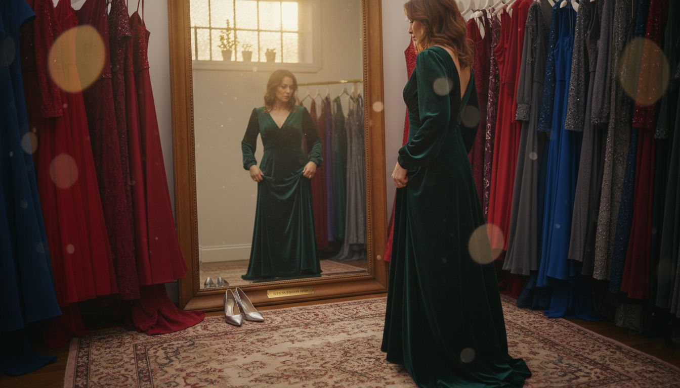 Woman trying on winter evening gown with sleeves