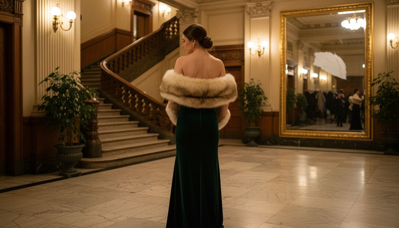 Woman adjusting velvet winter gala dress in foyer