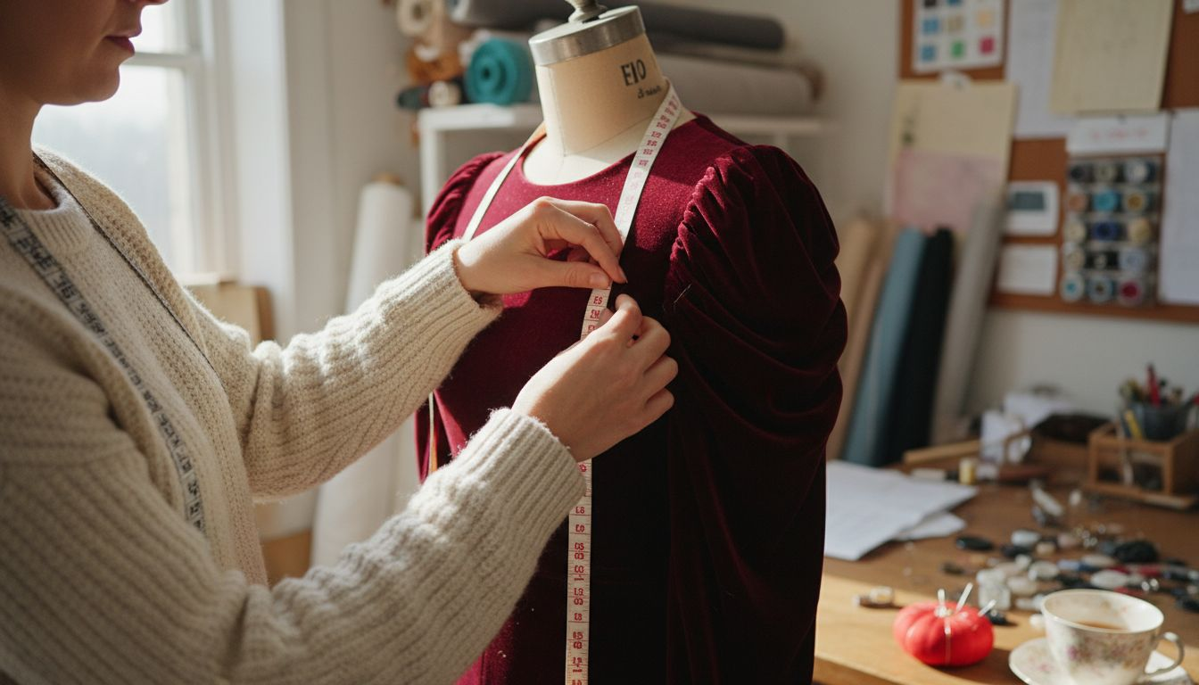 Hands arranging sleeve on velvet winter dress