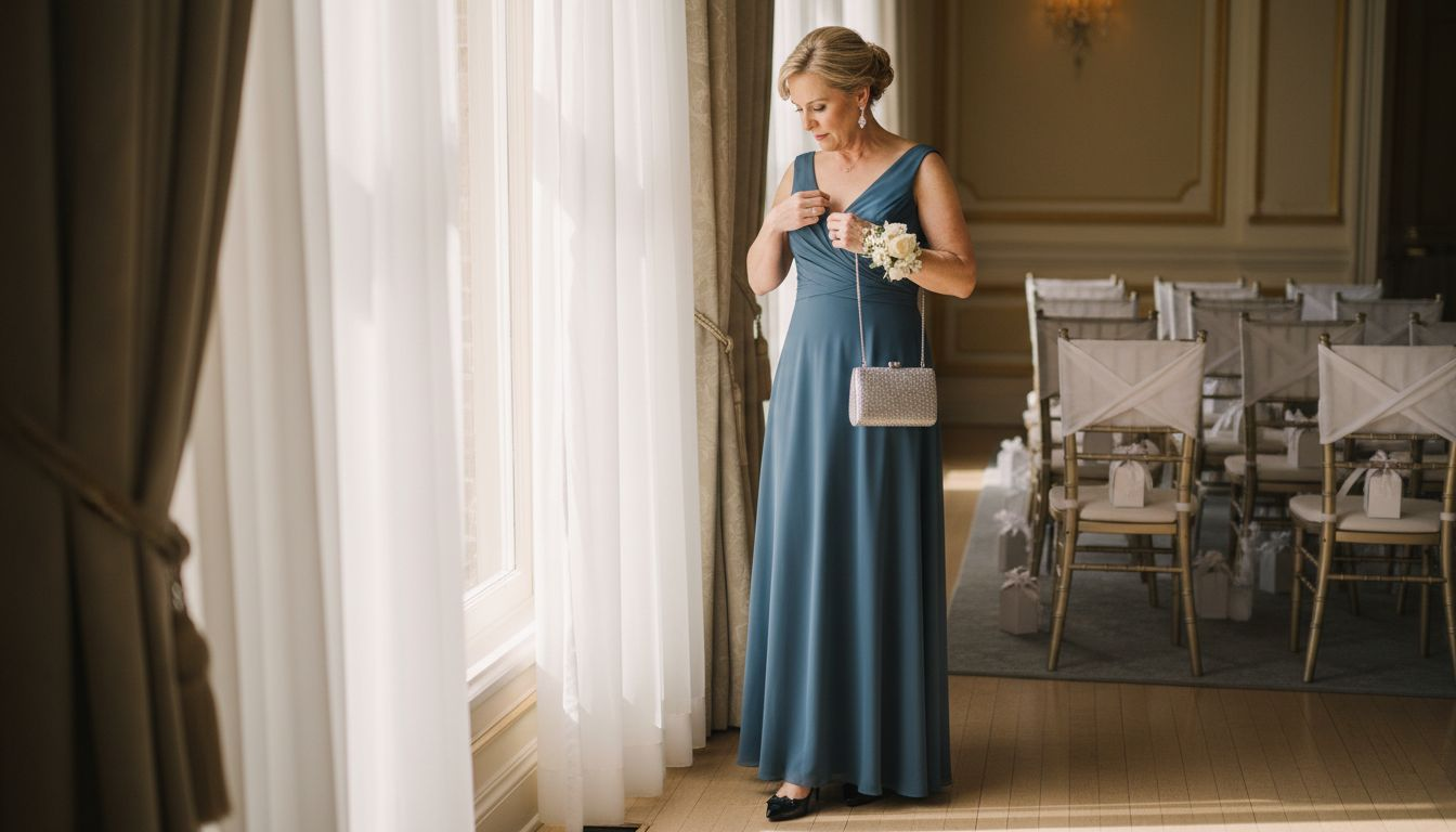 Mother in elegant Jovani wedding dress preparing