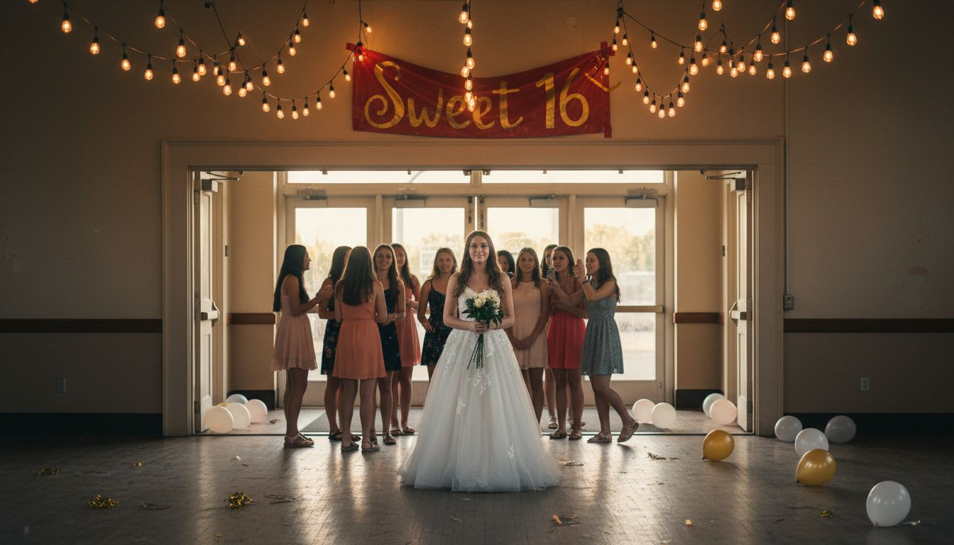 Teen girl in white Sweet 16 dress at celebration