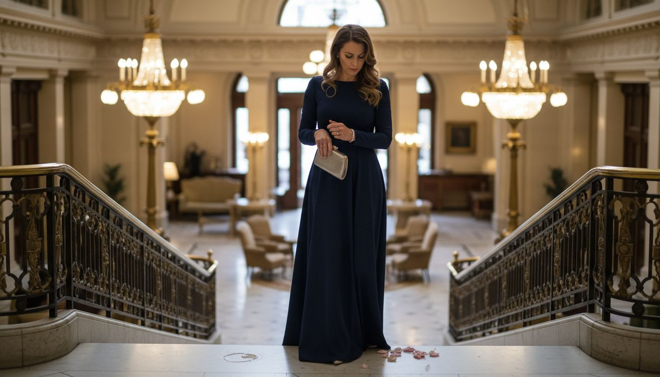 Woman in navy long sleeve evening gown on staircase