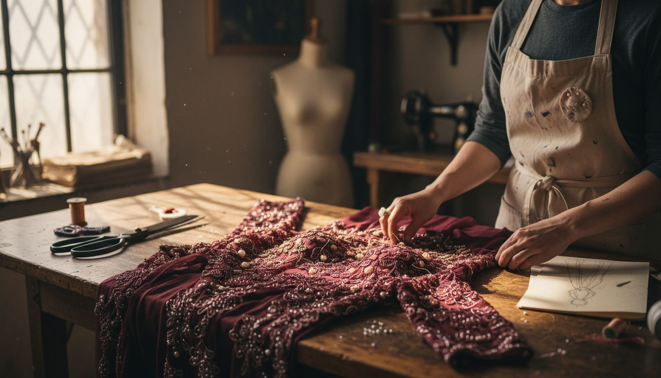 Designer checking detailed sleeves of evening dress