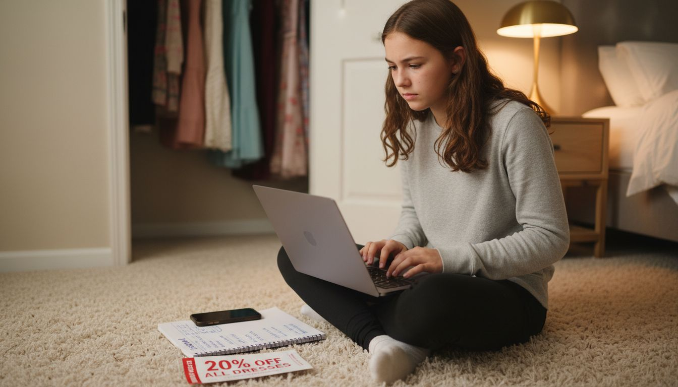 Teen browsing online prom dresses at home