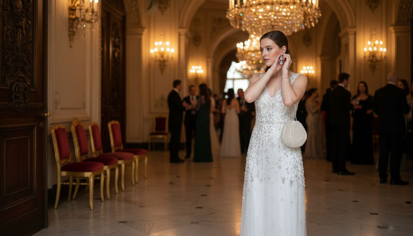 Woman in white beaded dress at ballroom event