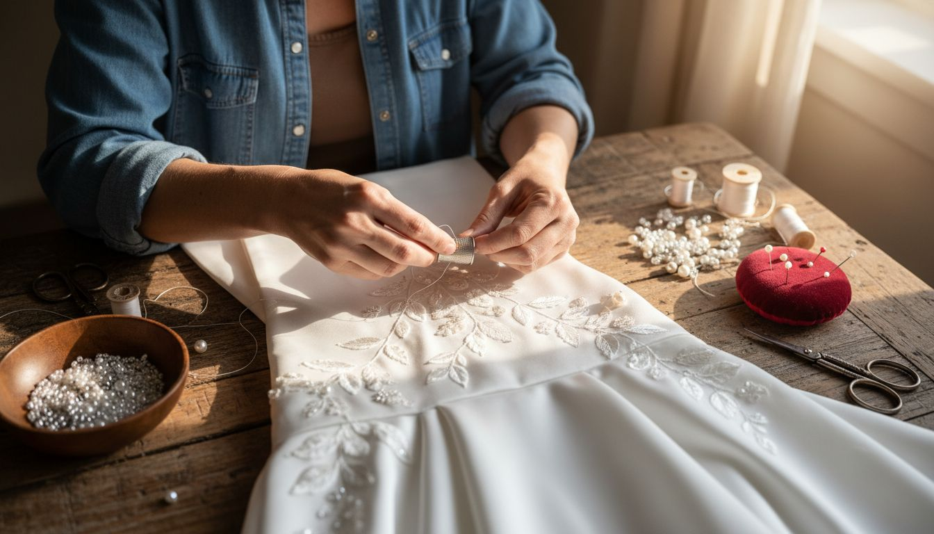 Close-up hands beading white dress fabric