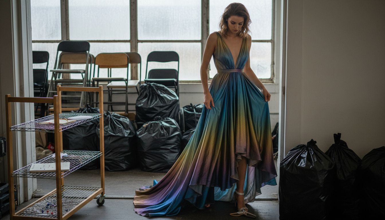 Model backstage in an iridescent 2025 gown