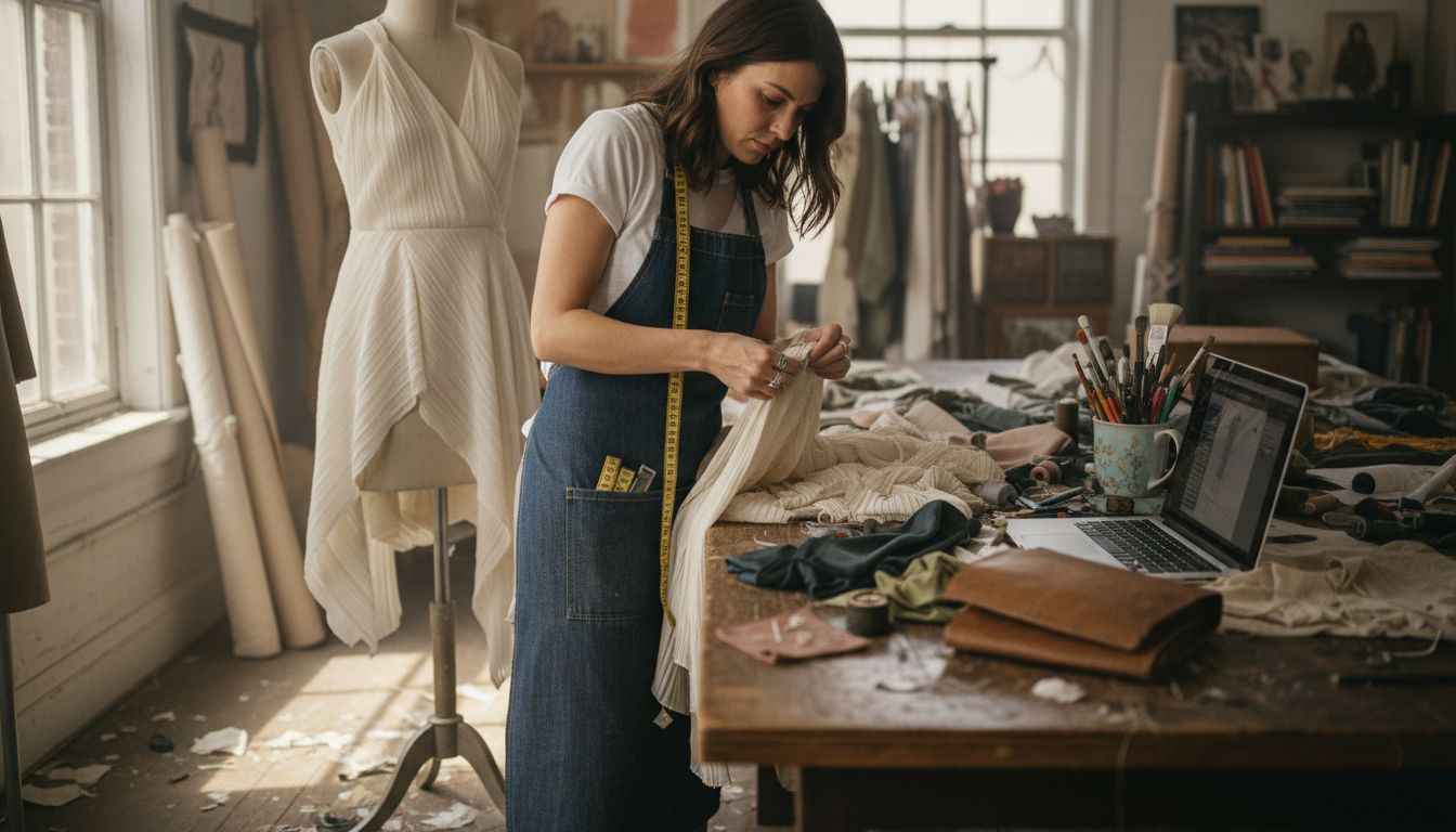 Designer adjusting a bold gown silhouette