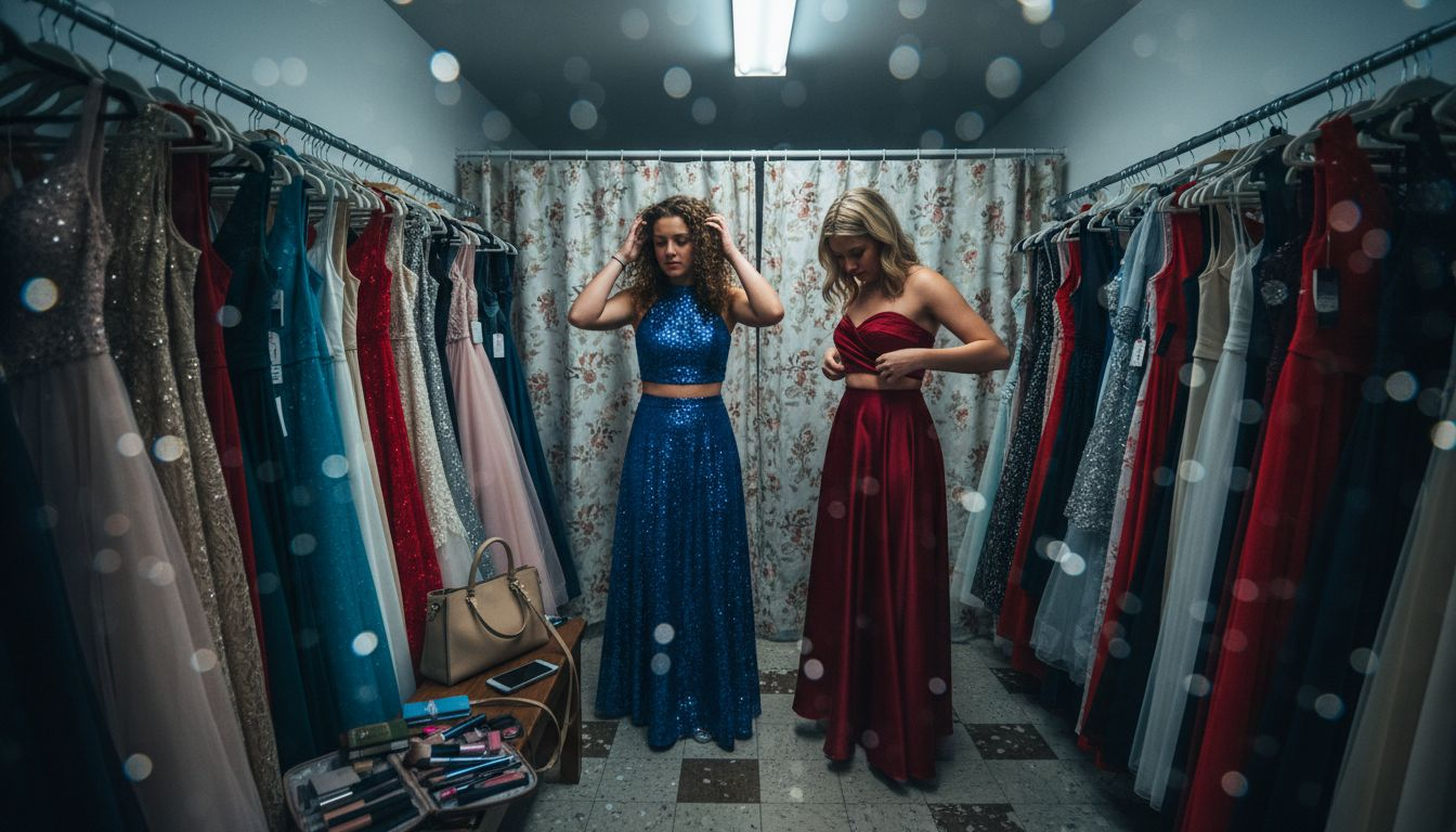 Teens adjusting two piece homecoming dress in boutique