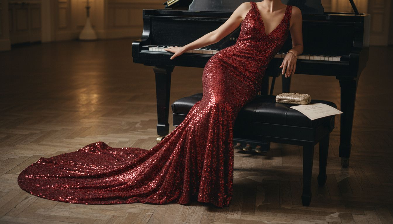 Red sequined mermaid gown at ballroom piano