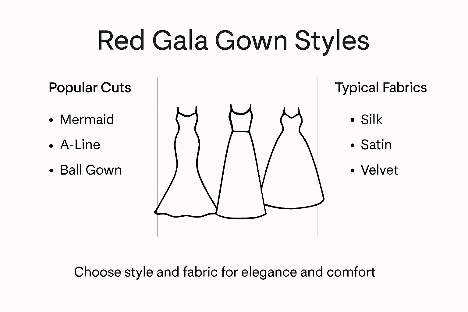 Infographic showing red gala gown fabrics and styles