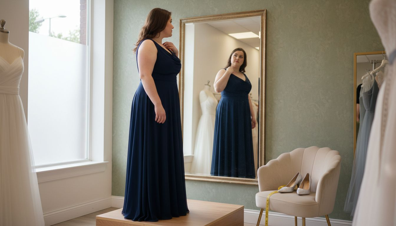 Plus size woman fitting formal gown in boutique