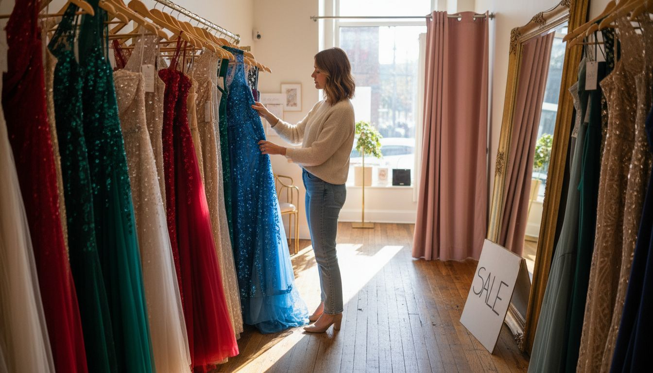 Woman browsing designer sale dresses in boutique