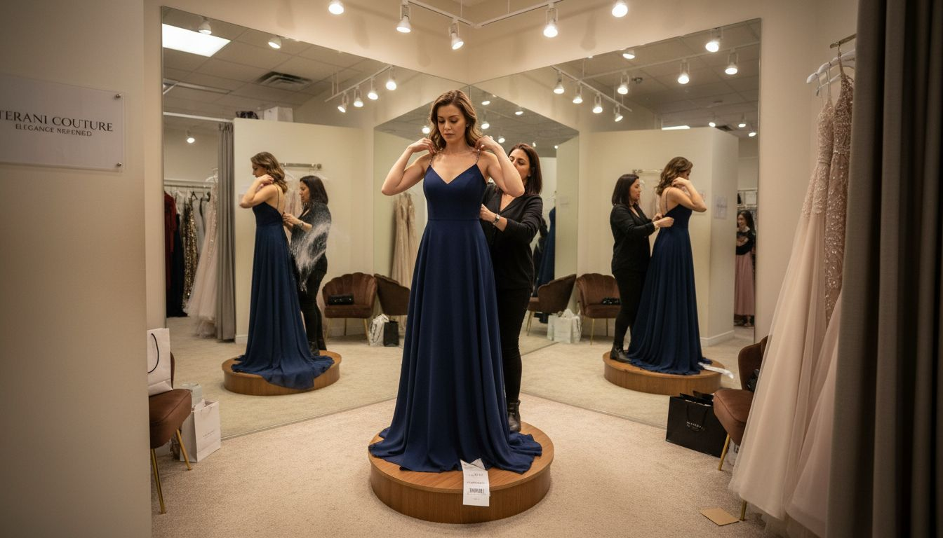 Fitting session with evening gown in boutique