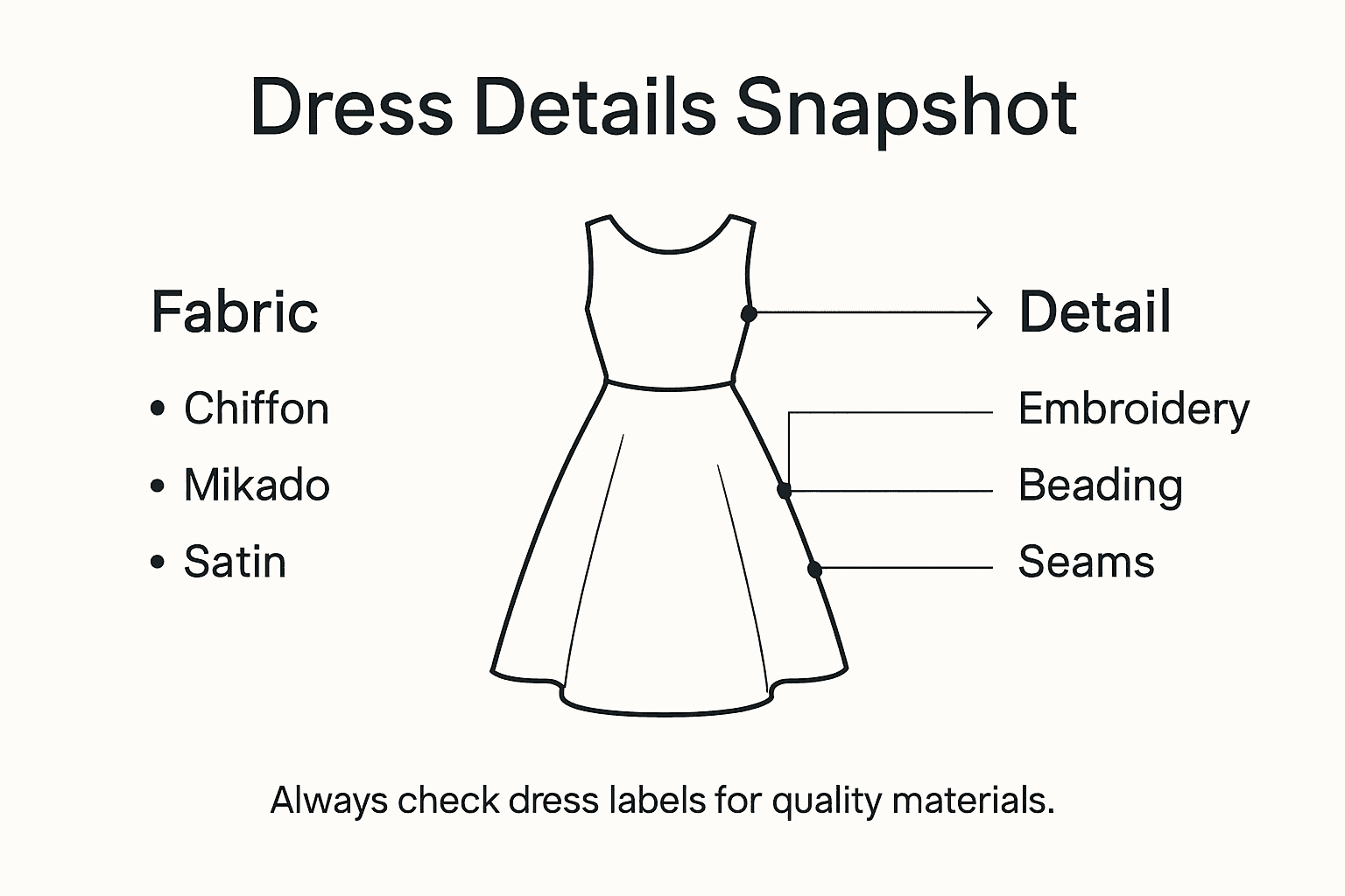 Infographic showing Terani dress fabrics and details