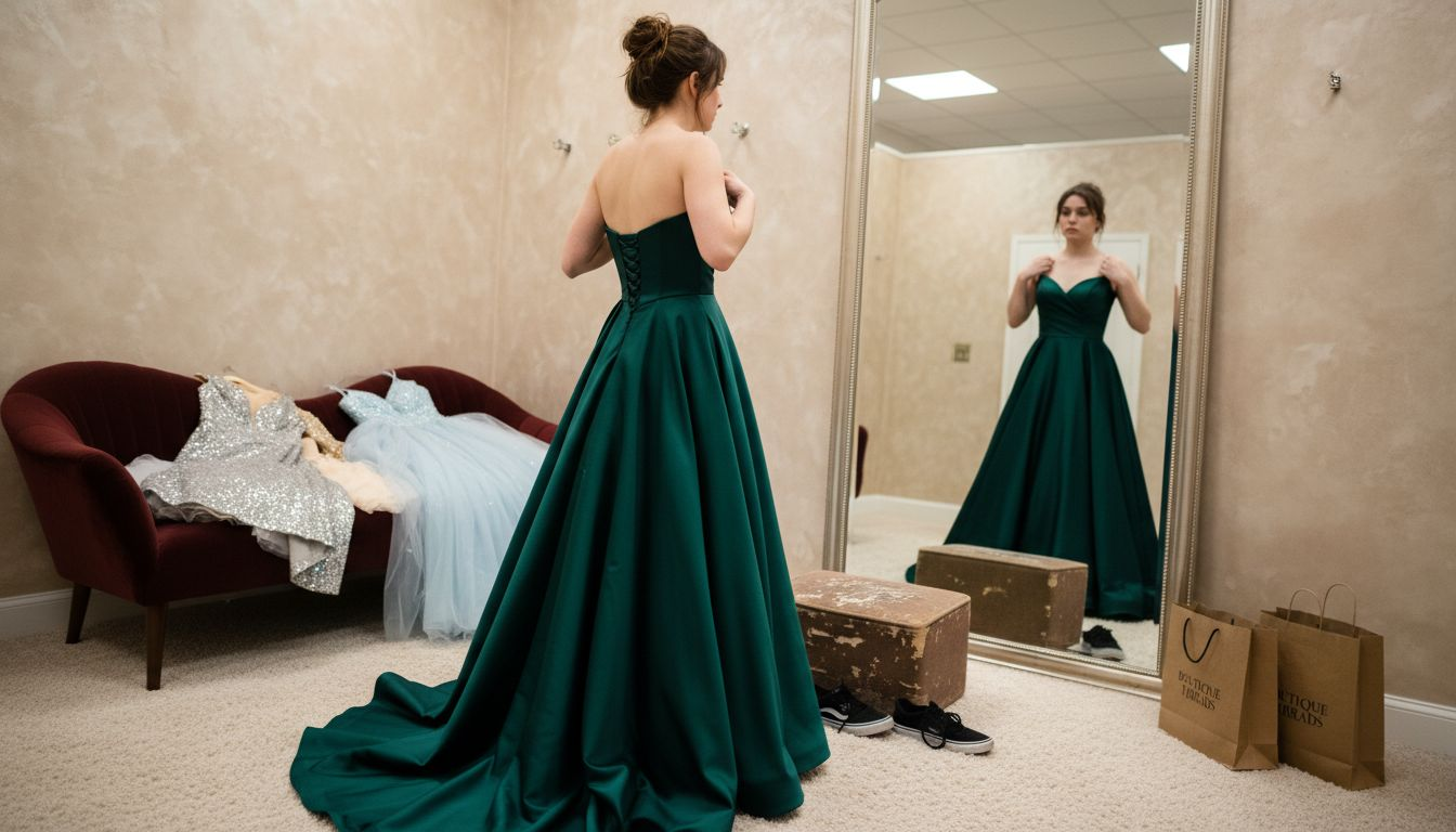 Student trying green ball gown in fitting room