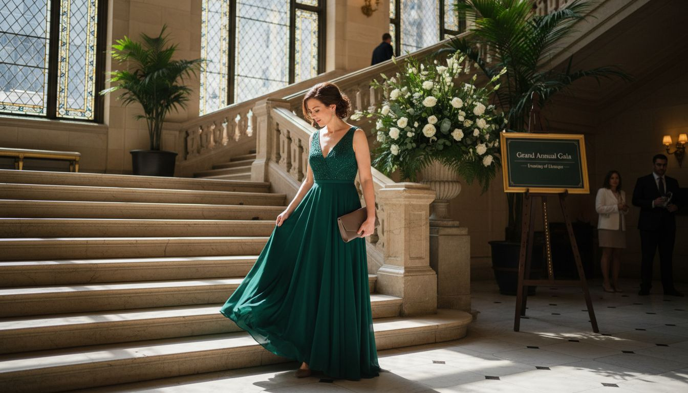 Woman in stylish long designer dress at grand hotel