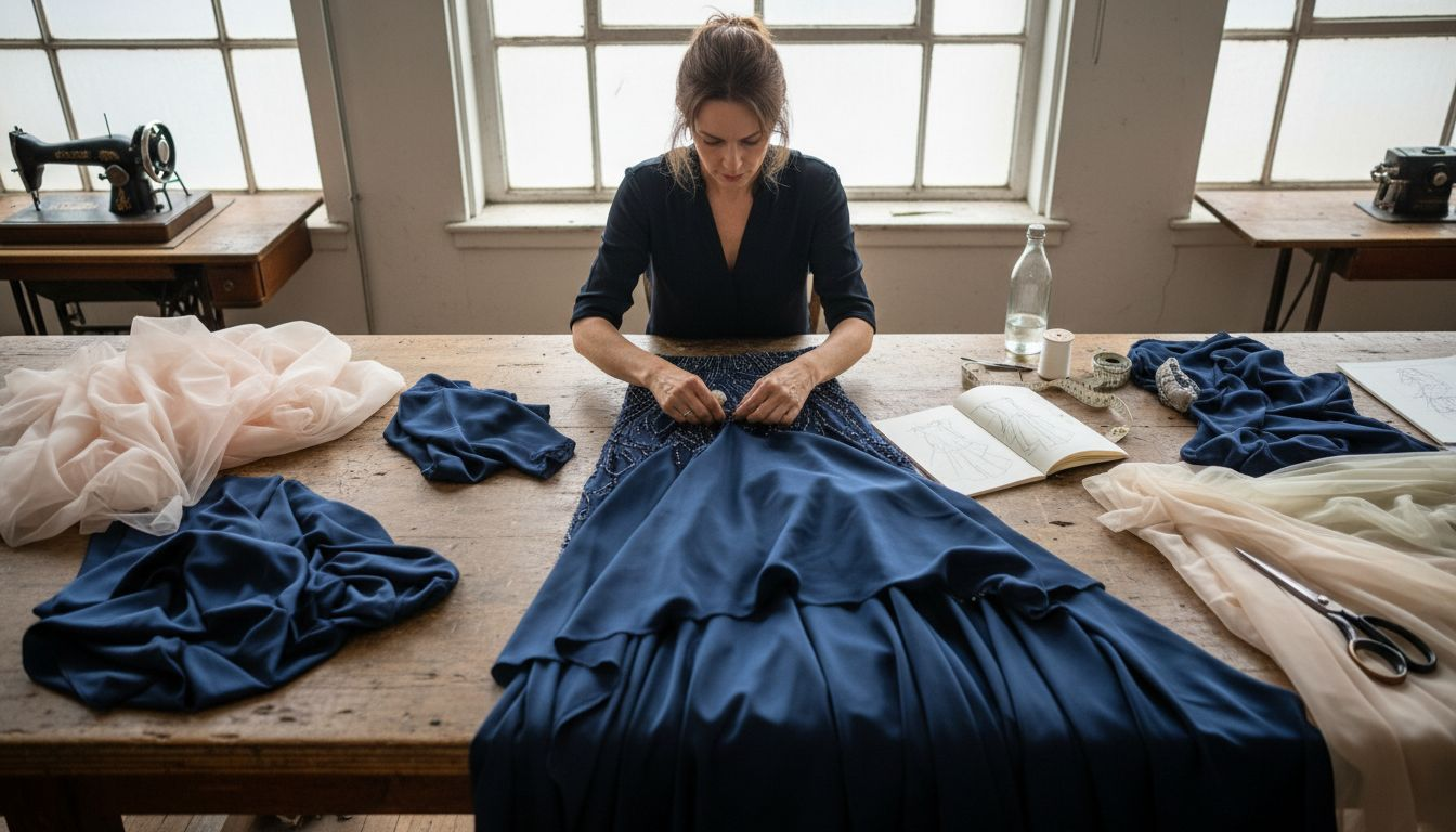 Dressmaker examines designer fabric and detailing