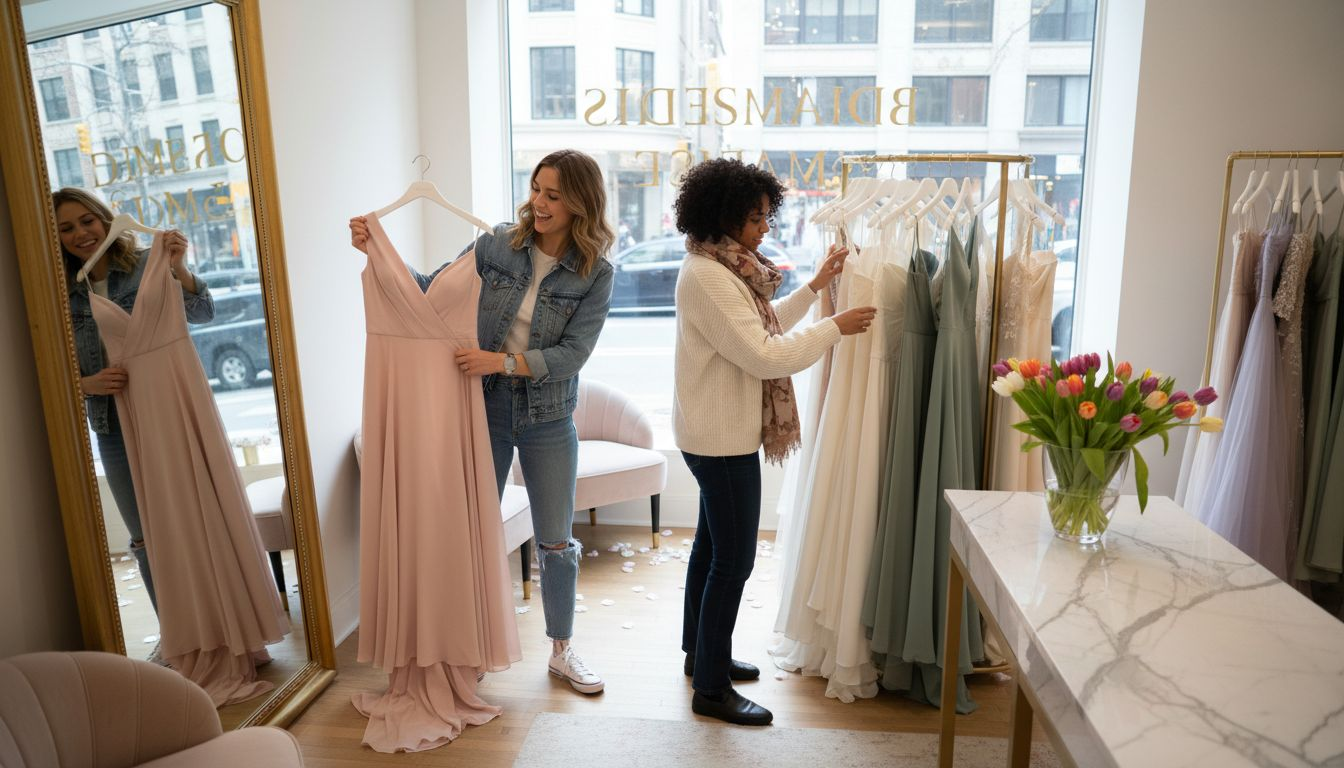 Bridesmaids shopping for dresses in NYC boutique