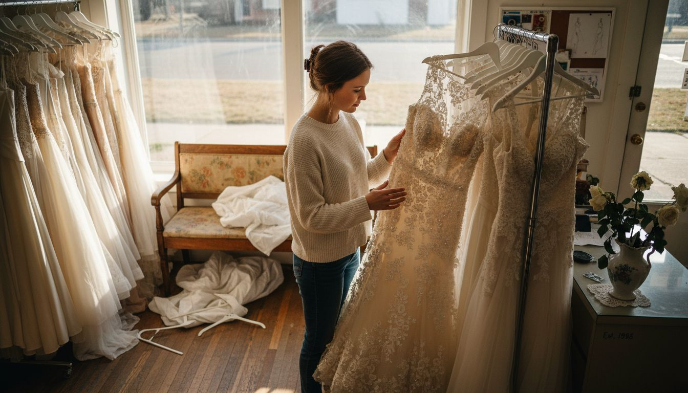 Woman exploring dresses in small bridal shop