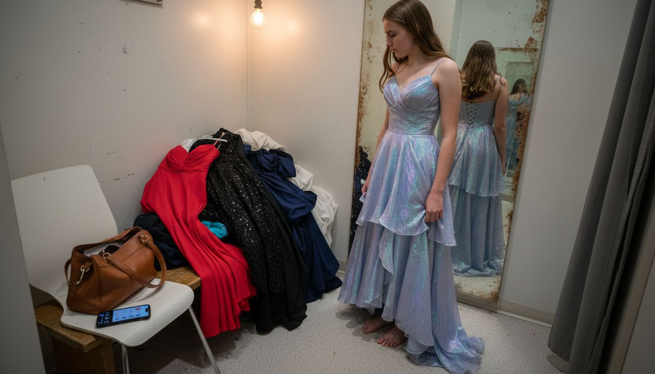 Teen trying prom dress in fitting room