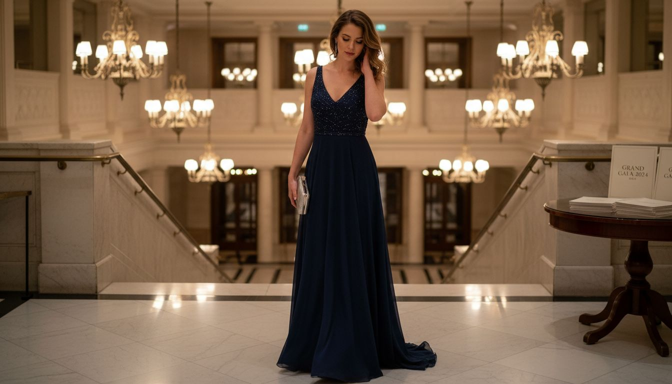 Woman in Bebe evening gown at gala
