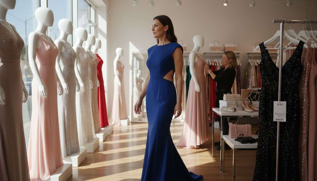 Model wearing structured Bebe gown in boutique