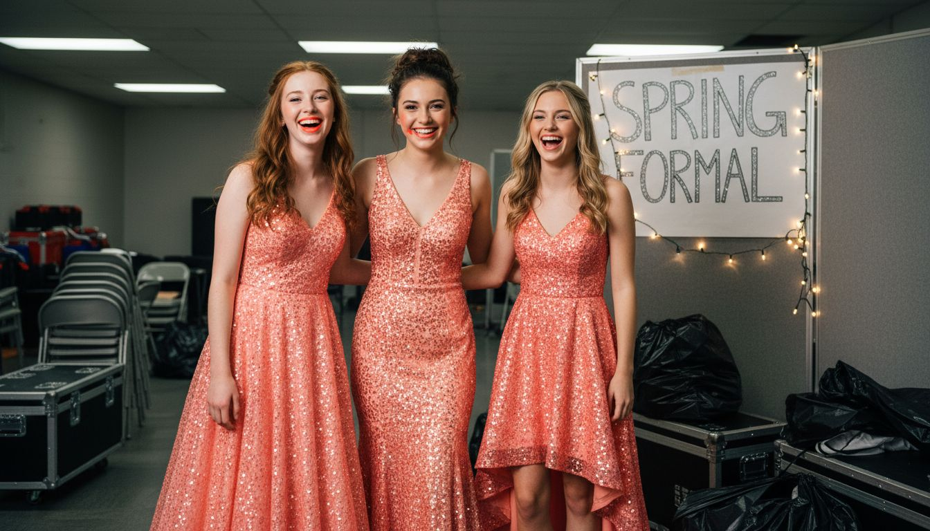 Three coral sequin prom dress styles backstage