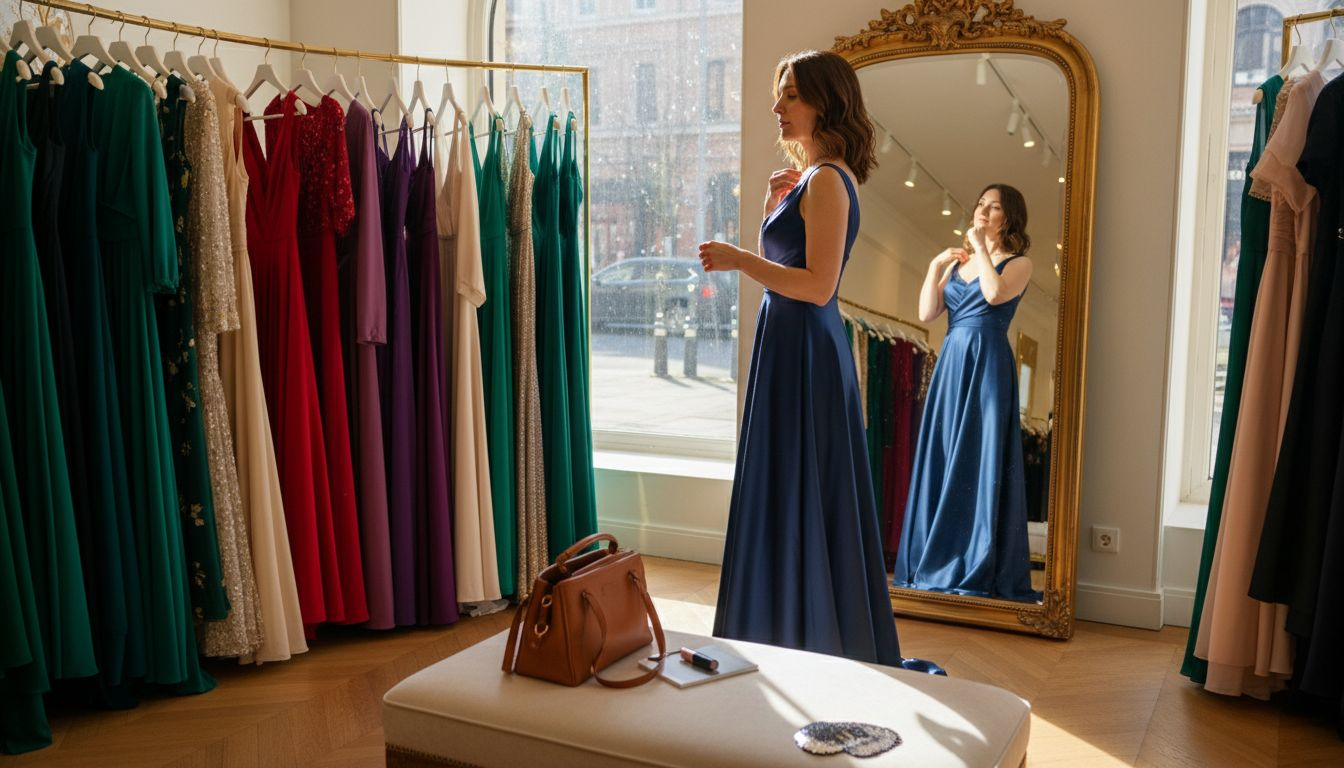 Woman trying on long navy gala dress at boutique mirror