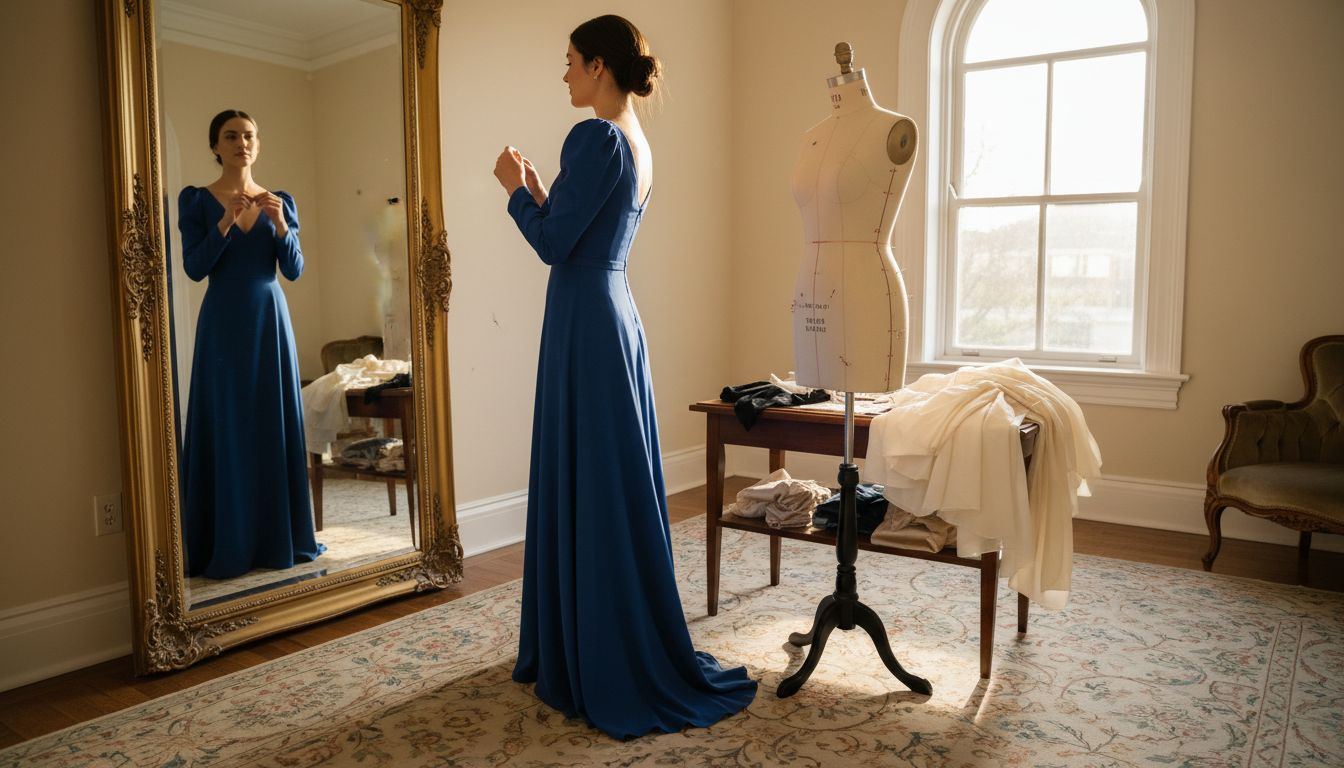 Elegant woman fitting evening gown in boutique