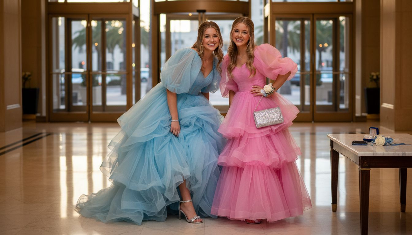 Teen girls modeling colorful puffy prom dresses