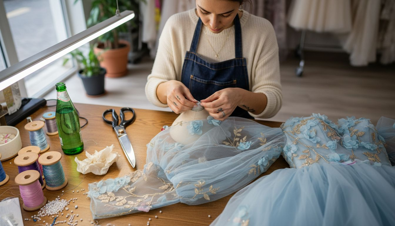 Boutique tailor working on trendy dress embellishments