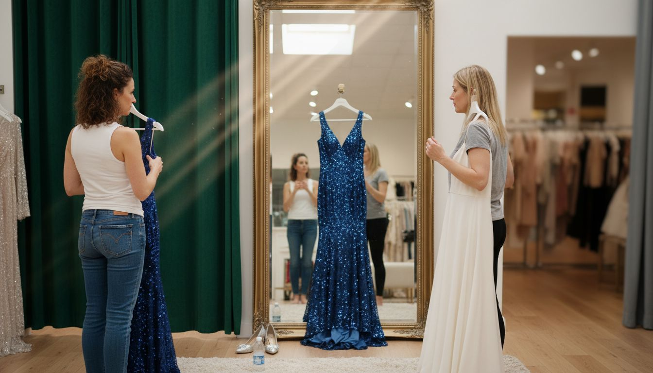 Friends comparing event dresses in boutique fitting room
