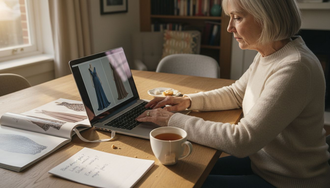 Comparing dress options online at dining table