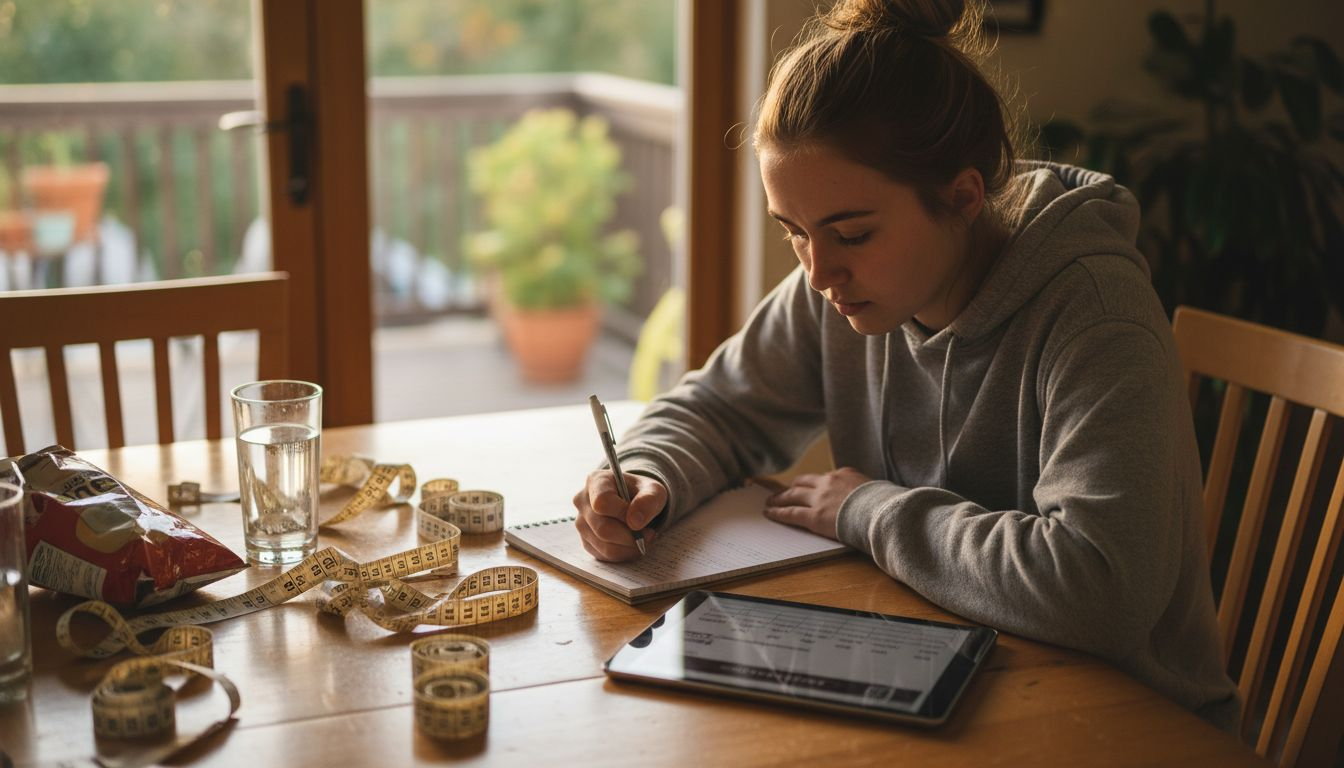 Woman checking dress size measurements at home