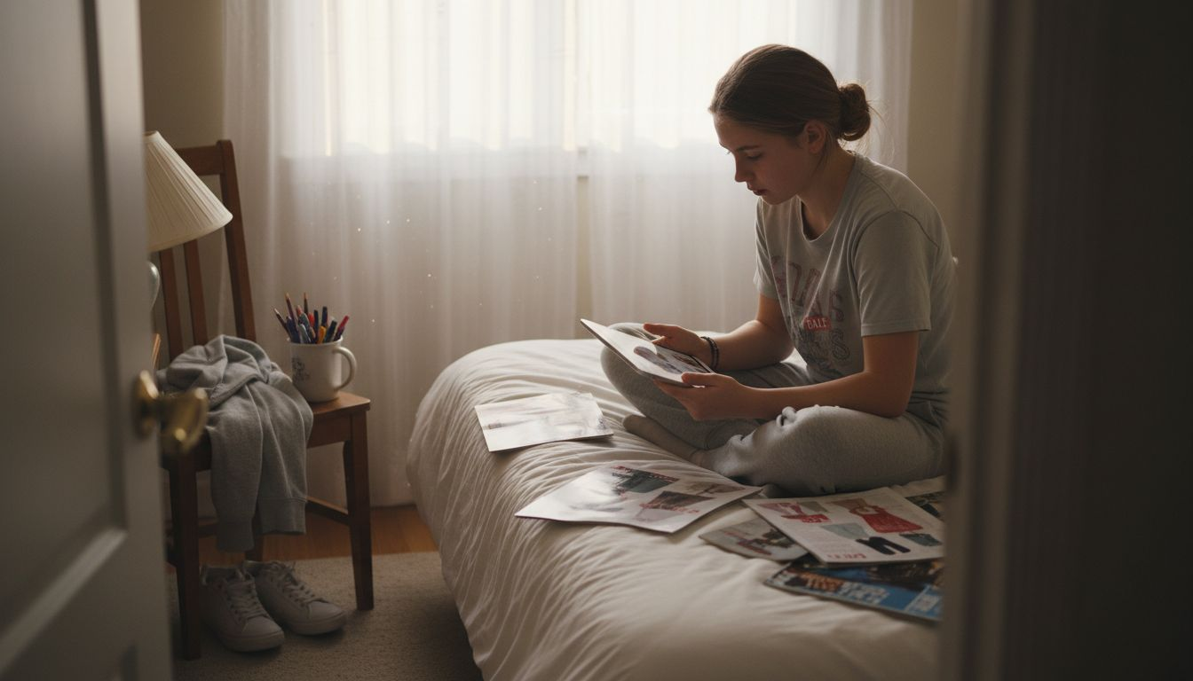 Teen browsing homecoming dress sales at home