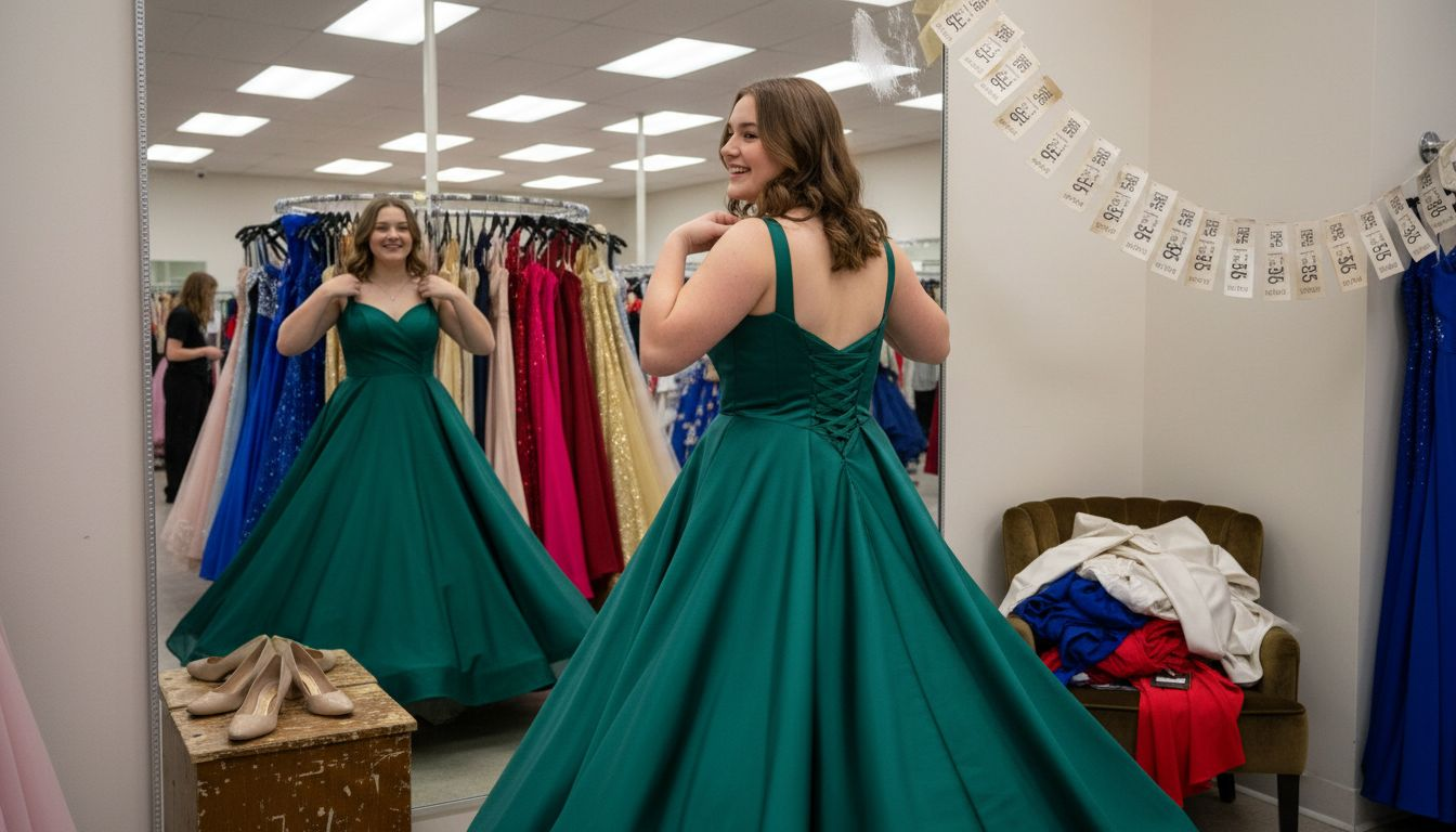 Plus size teen trying on prom dresses